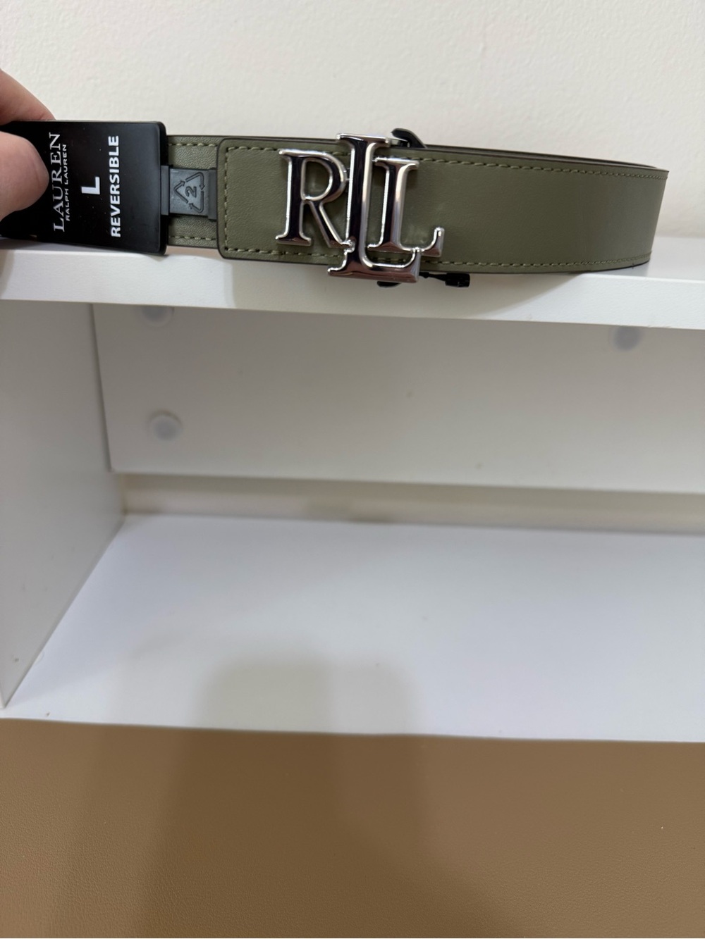 Lauren Ralph Lauren Sage Green Or Tan Reversible Belt with Silver RL Buckle